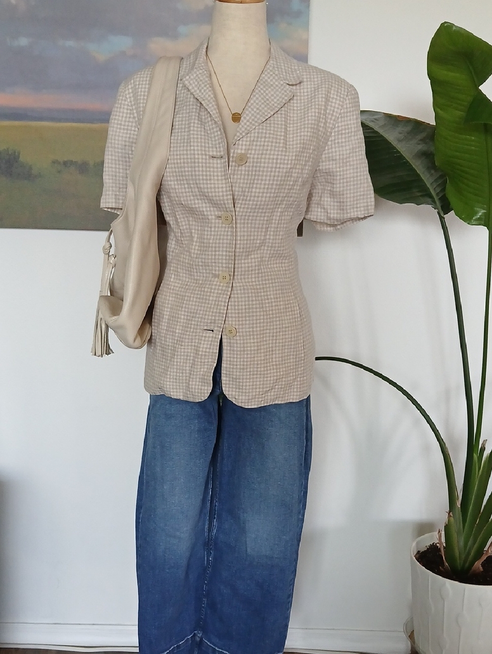 AMANDA SMITH Pure Linen Beige Gingham Short Sleeve Jacket Sz 14